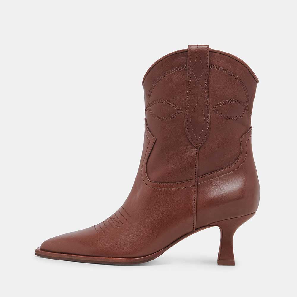 Brown Vegan Leather Pointed Toe Embroidered Side-Loops Ankle Boots  Nicepairs