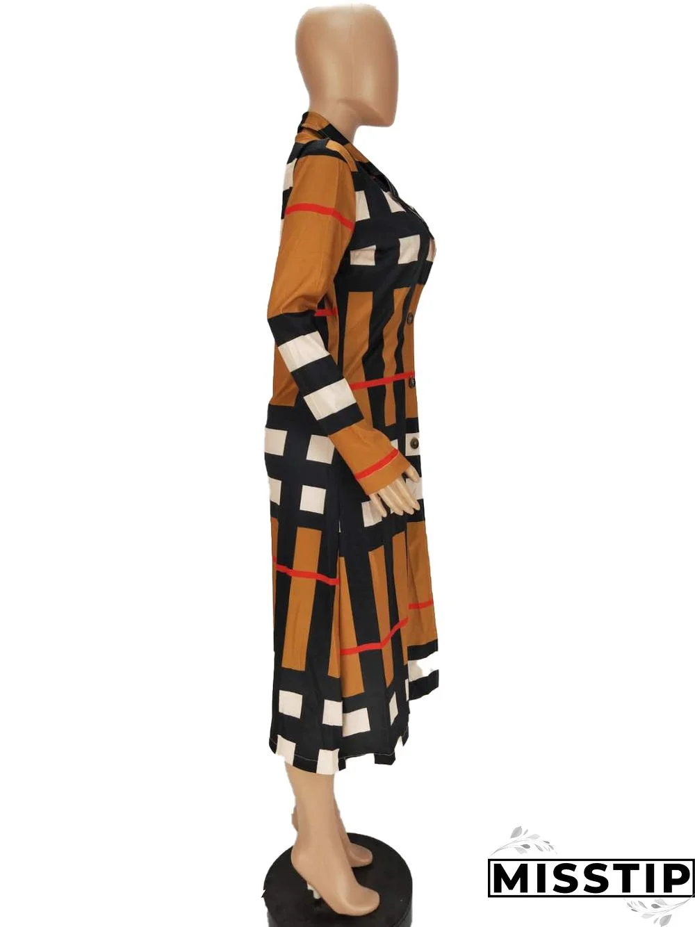 Women's Plaid Print Long-sleeved Lapel Long Coat