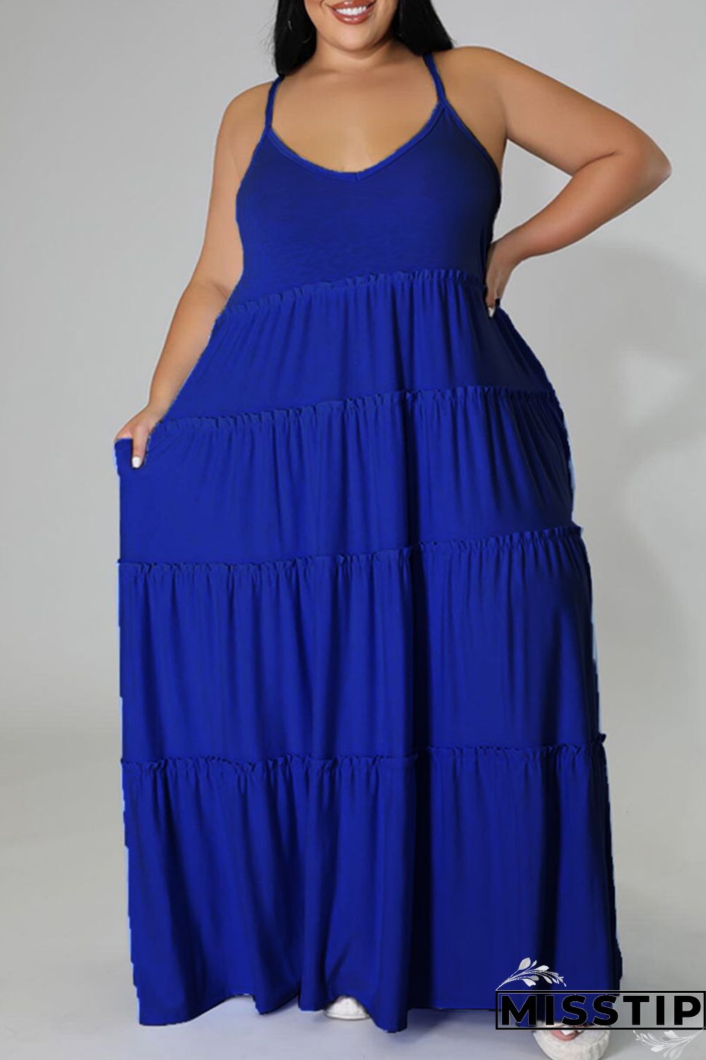 Blue Casual Solid Patchwork Spaghetti Strap Straight Plus Size Dresses