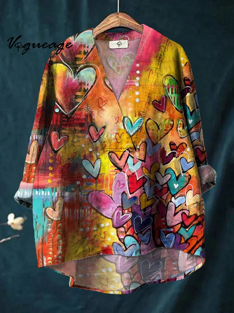 Gentle Gorgeous Fashionable Love Printed Cotton And Linen Shirt