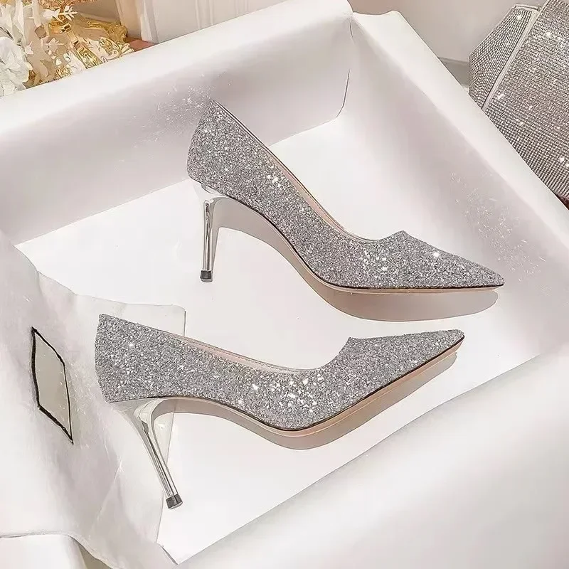 Gamesnears High Heels Women Wedding Shoes Bride Gold Heels Luxury Designer Elegant Party Sandals Dress Banquet Sequins Sandalias De Tacón
