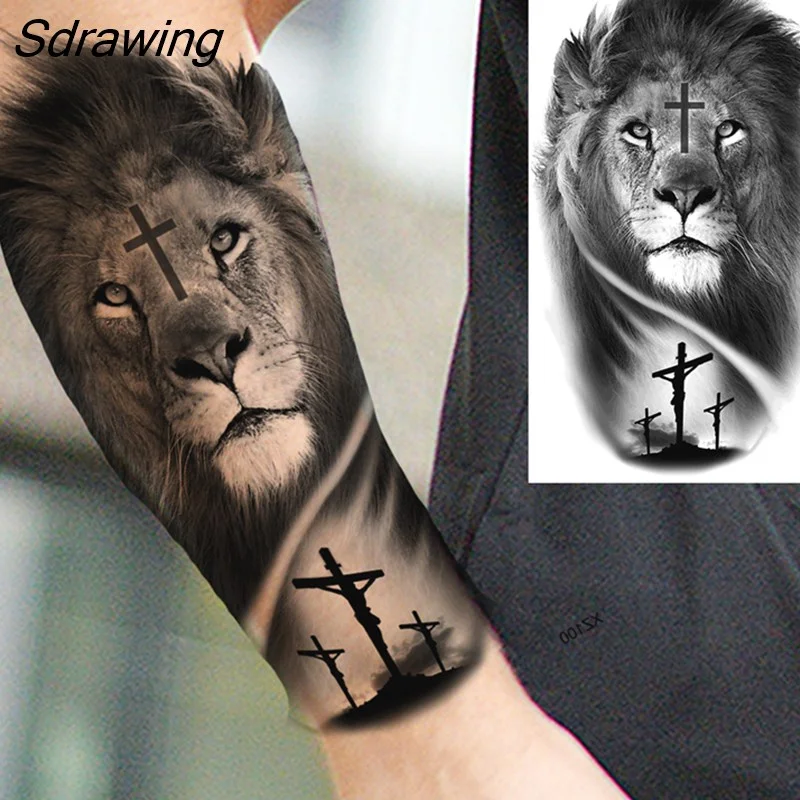 Sdrawing Crown Cross Temporary Tattoos For Men Women Realistic Scary Tiger Forest Vampire Fake Tattoo Sticker Forearm Body Tatoos 3D