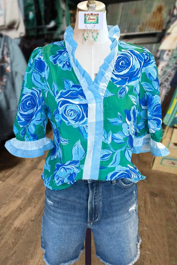 Floral Print Ruffle Neck Puff Sleeve Top