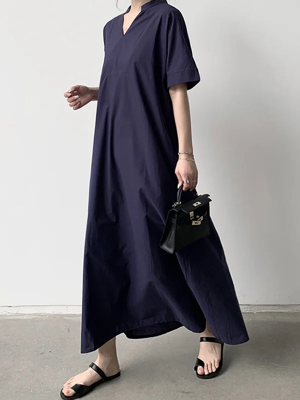 Loose Short Sleeves Solid Color V-Neck Maxi Dresses