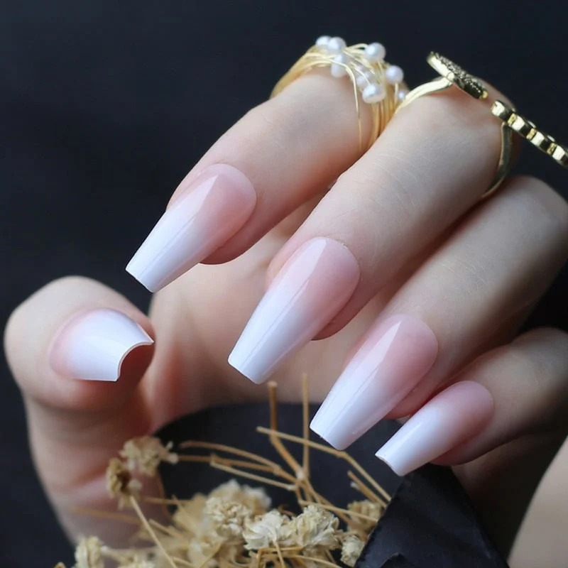 Coffin Nude French Black outline White Fake nails Ballet Art Nails Classic arc French design False nails 24PCS-Nail Inspo