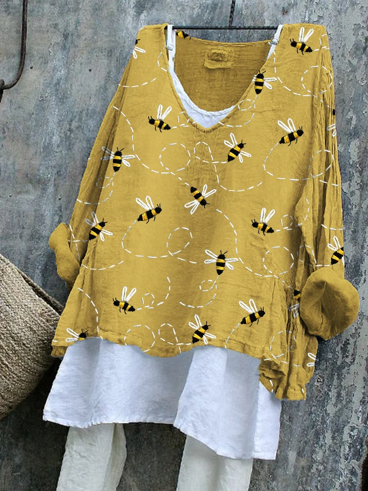 Wearshes Flying Bees Embroidery Pattern Linen Blend Tunic