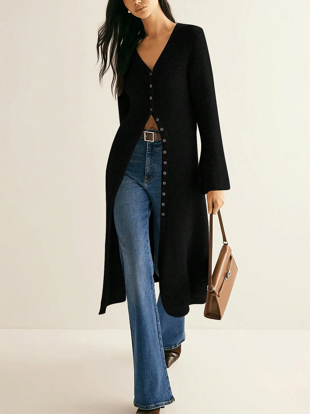 Nigikala Nigikala Retro Elegant Long-Sleeved Jacket Knitted Sweater Medium Long Model