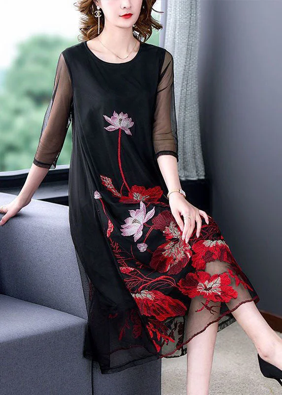 Fashion Black Embroideried Hollow Out Tulle Robe Dresses Bracelet Sleeve