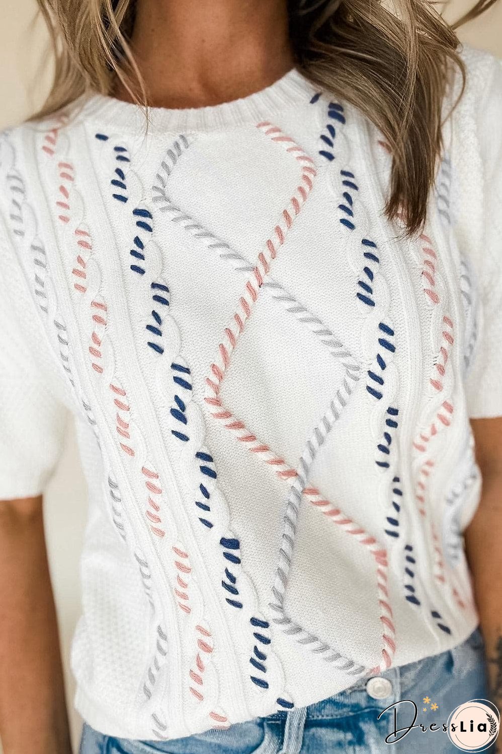 White Multicolor Stitch Detail Cable Knit Short Sleeve Sweater