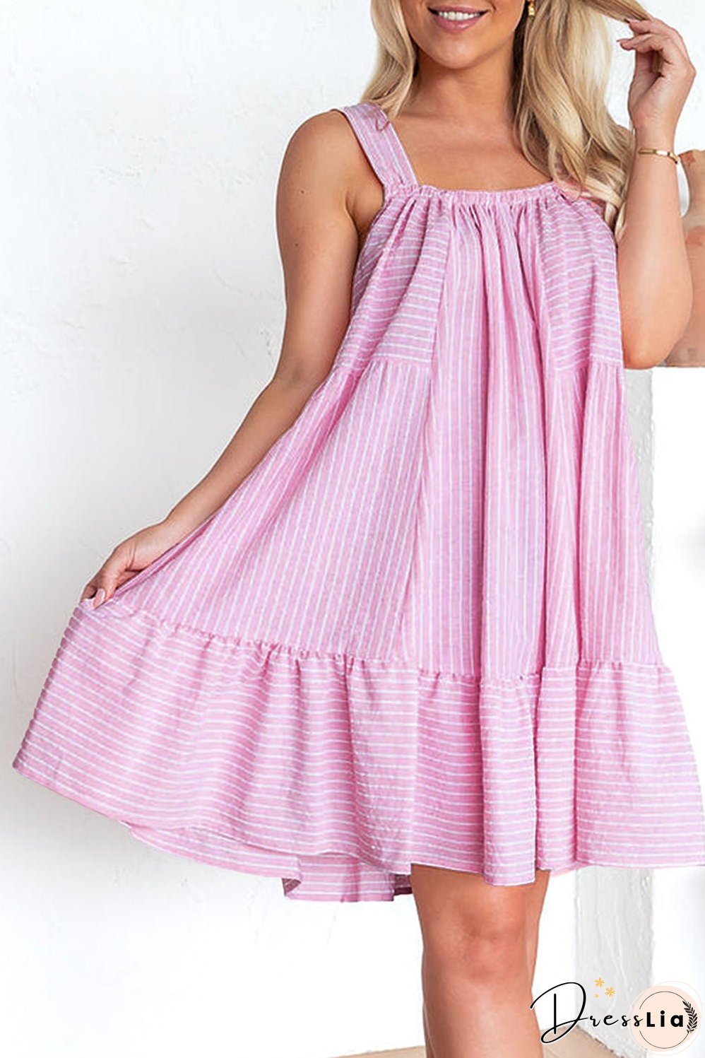 Pink Stripe Pinstriped Ruffled Hem Sleeveless Mini Flared Dress