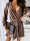 Velvet Solid Color Bandage  Puff Sleeve  Mini Dress