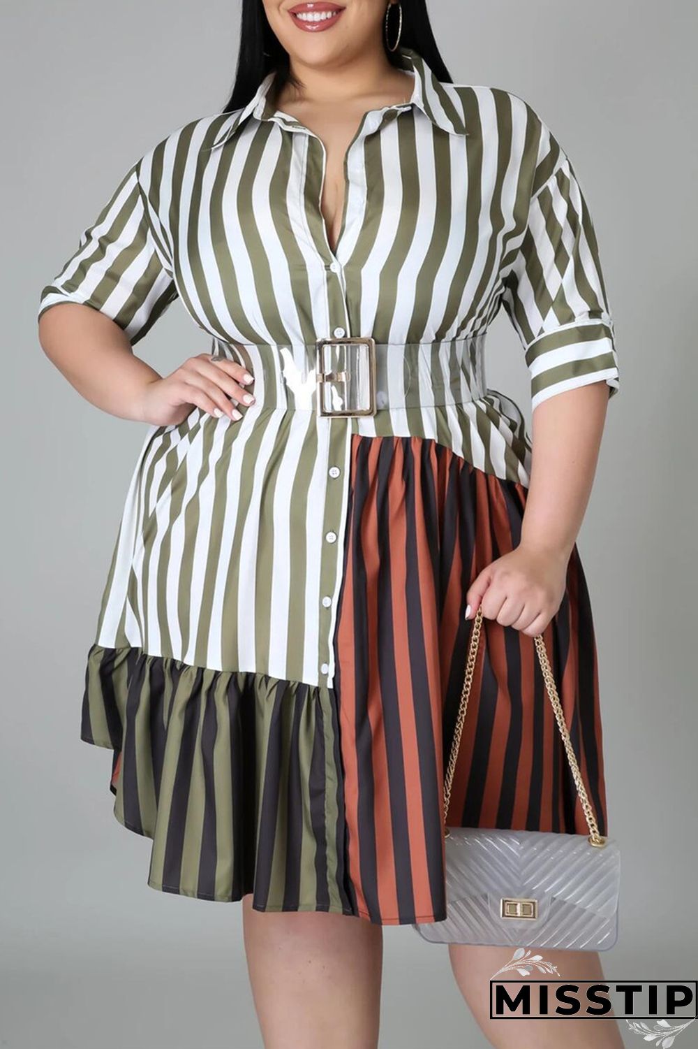 Brown Fashion Plus Size Striped Print Patchwork Turndown Collar Shirt Dress (Without Belt)