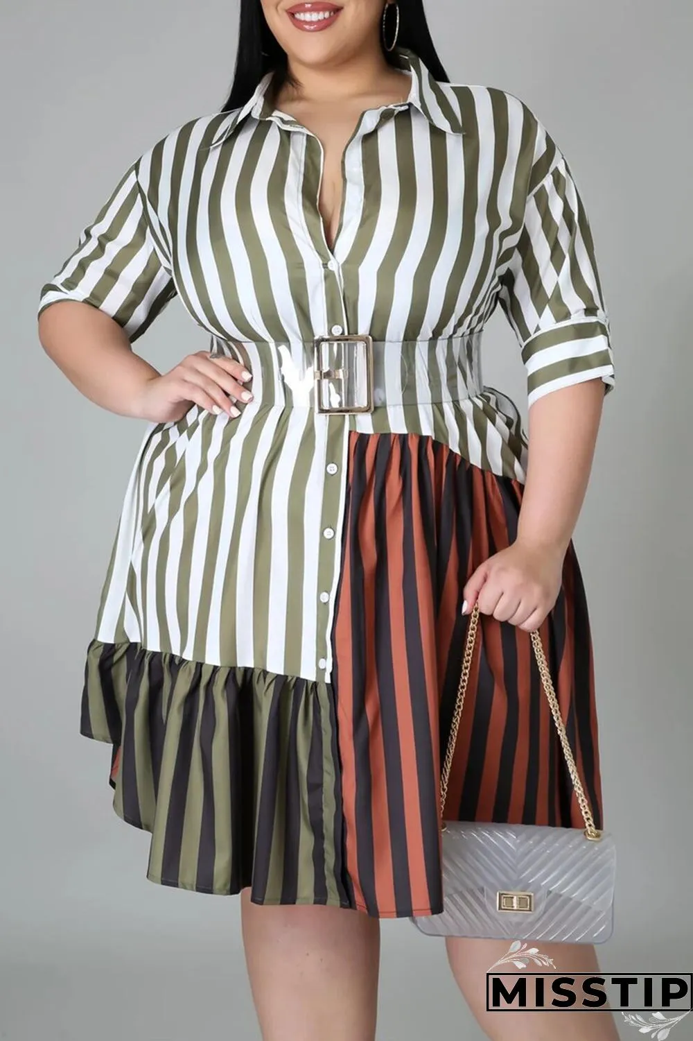 Brown Fashion Plus Size Striped Print Patchwork Turndown Collar Shirt Dress (Without Belt)