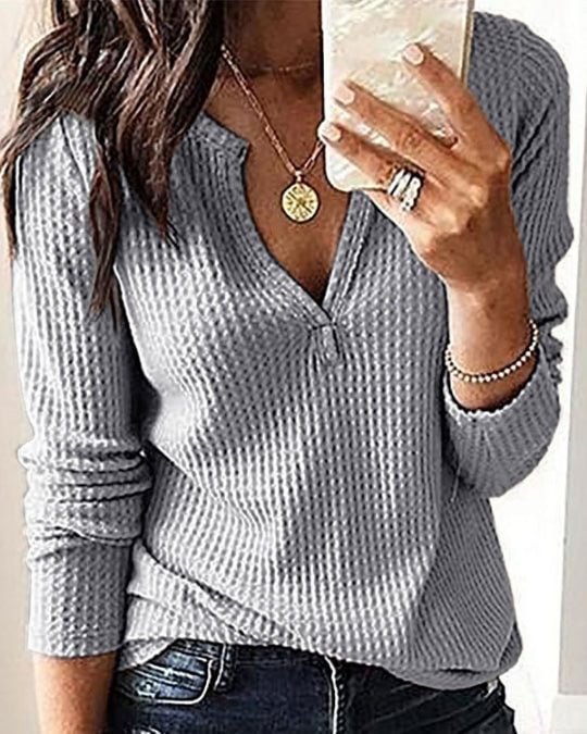 V-neck Casual Loose Solid Color Long Sleeve T-shirt shopify LILYELF