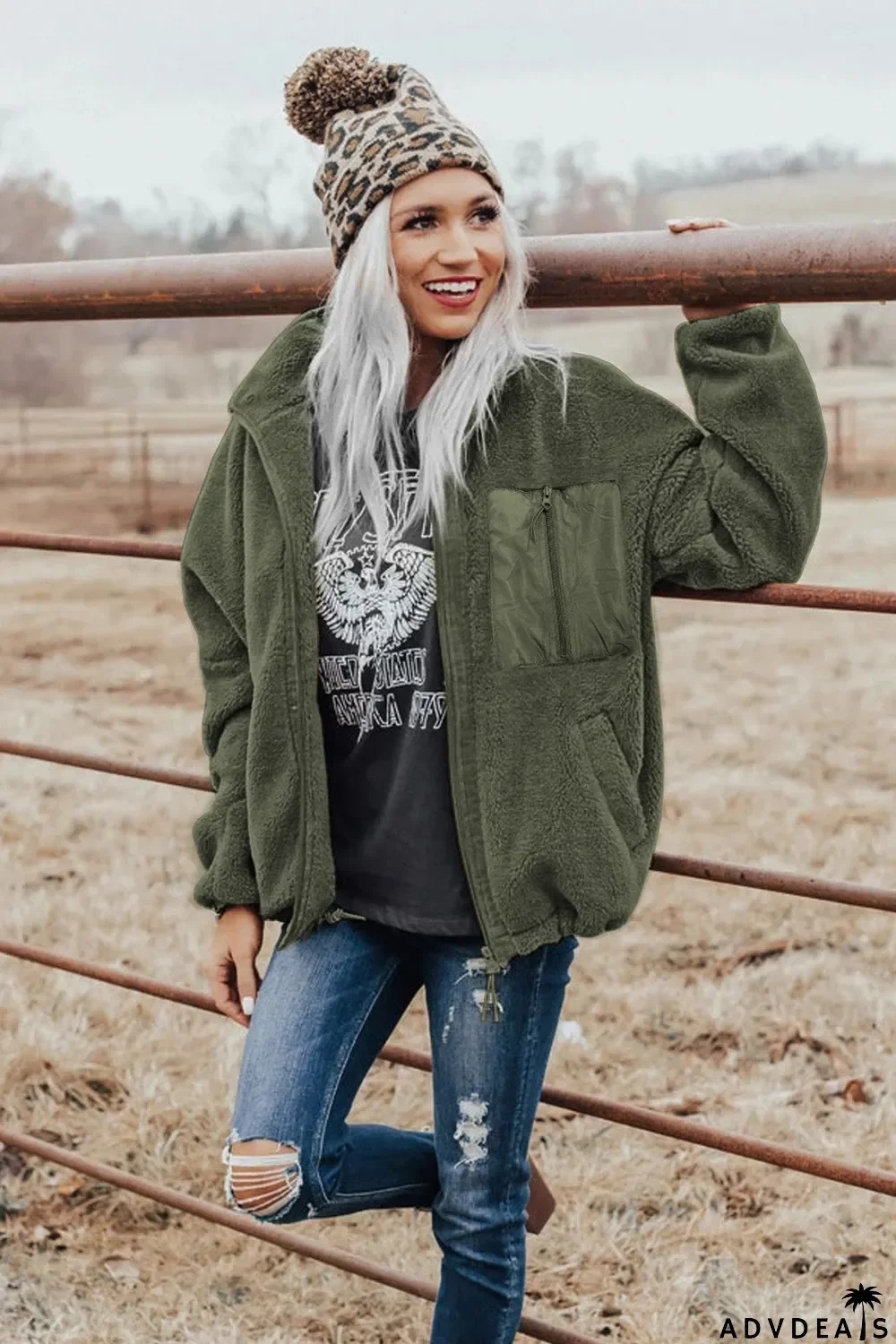 Zip Up Sherpa Coat With Pocket