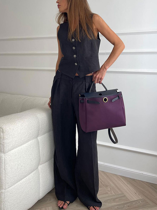 Sleeveless Button Up V Neck Vest & Wide Leg Pants