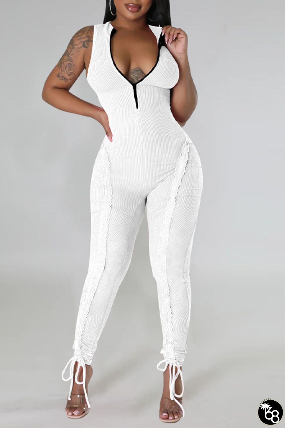 White Casual Solid Patchwork Stringy Selvedge Zipper Collar Skinny Jumpsuits | 168DEAL