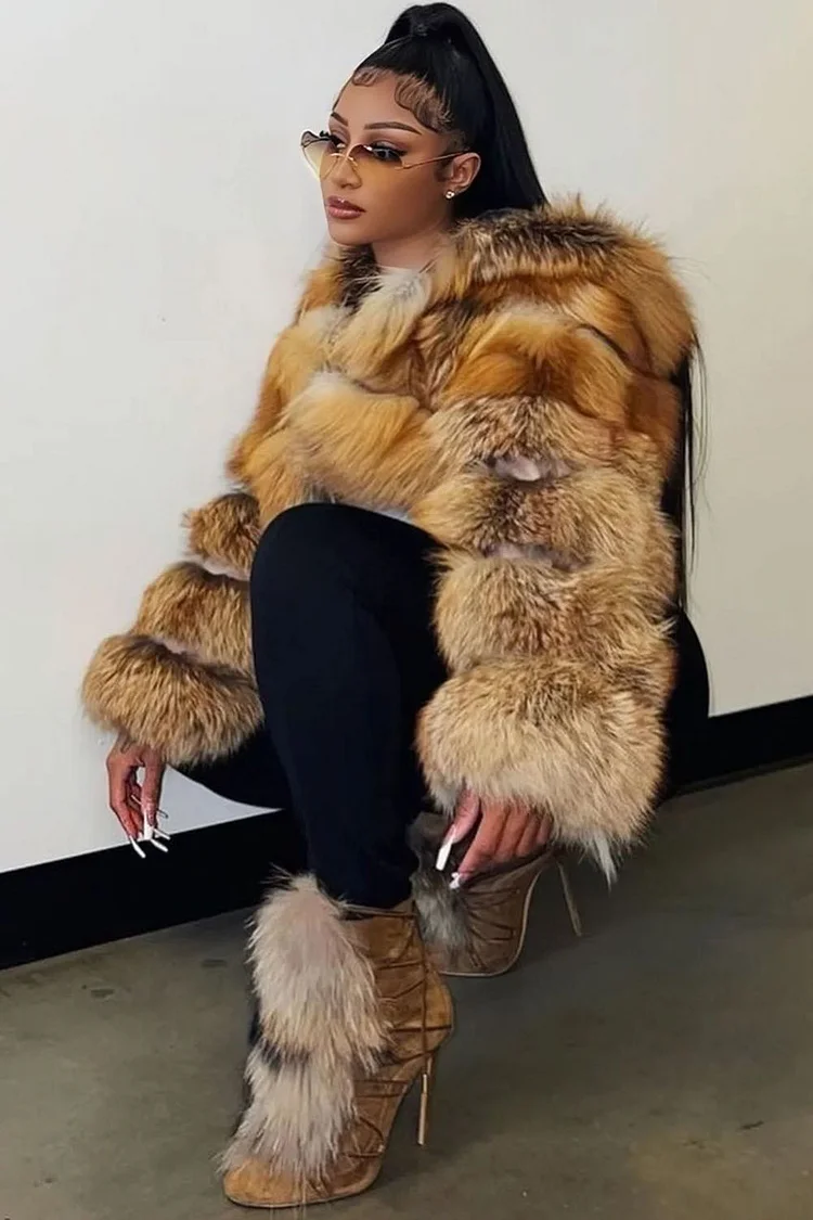 Long Sleeve Hooded Front Opened Quilted Faux Fur Crop Coat-Brown