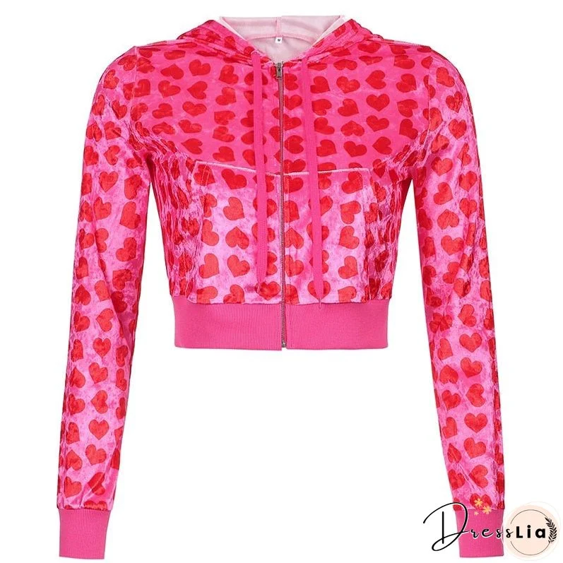 Christmas Gift Kefira Autumn Winter Sweet Velvet Diamond Heart Hoodies Women Hooded Jackets Zip Up Long Sleeve Cropped Top Sweatshirts