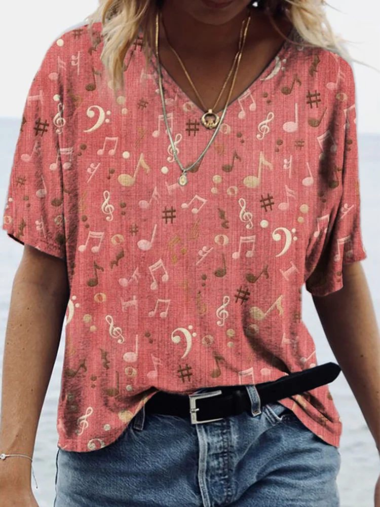 Musical Notes Inspired V Neck T Shirt