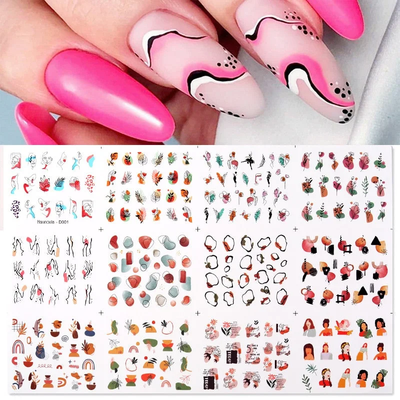 Harunouta 12Pcs/Set Love Letter Flower Sliders Water Decals Electrocardiogram Love Heart Lips Stickers For Nails Decoration