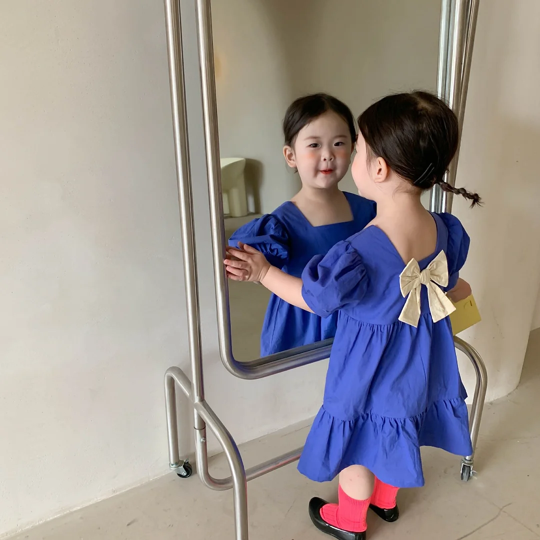 Retro Baby Spring Summer Girls Cotton Dress Kids Teenagers Children Clothes Outwear Puff Long Sleeve High Quality