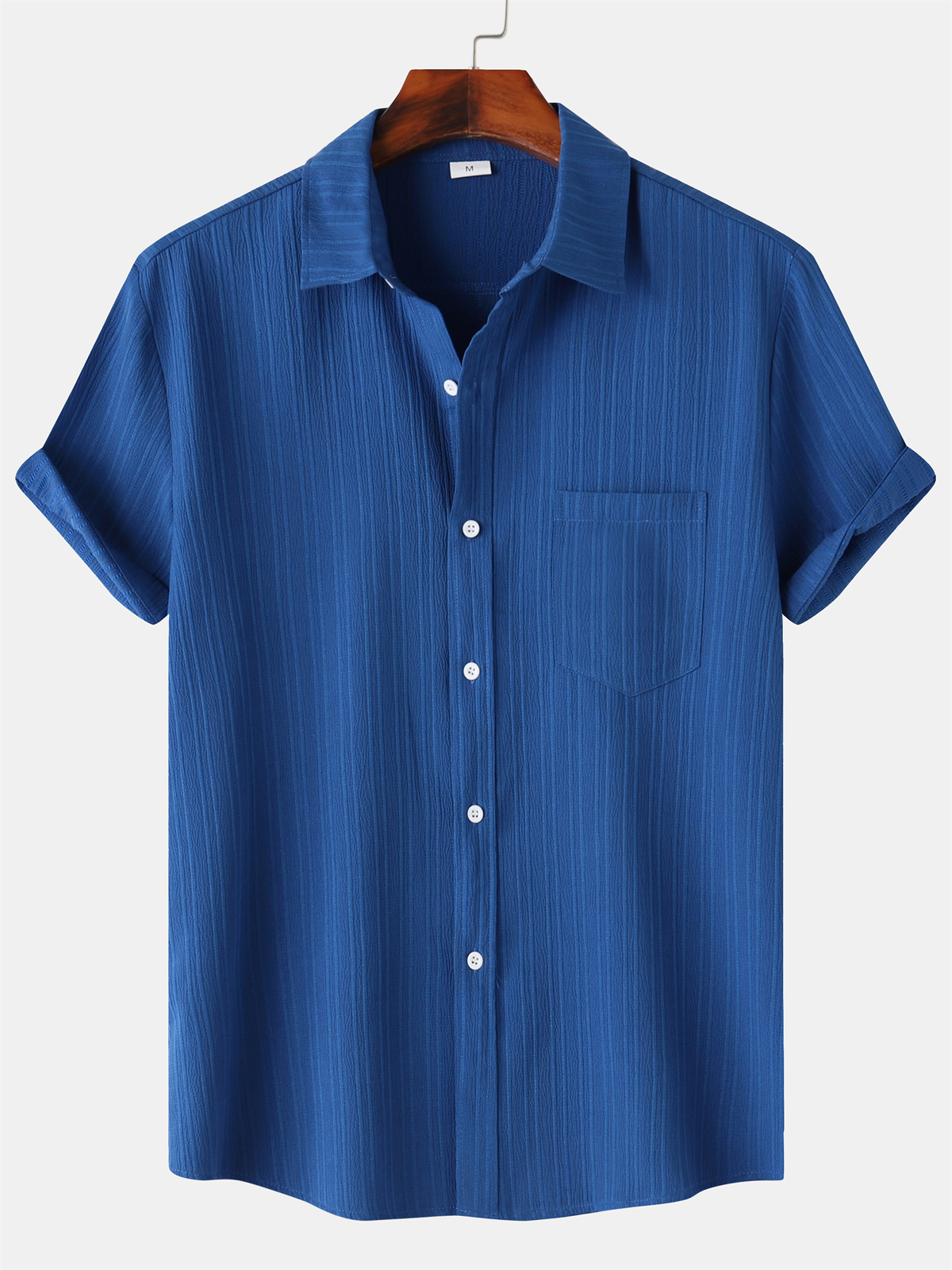 - Men's Striped Texture Cotton And Linen Simple Casual Pocket Short-sleeved Shirt