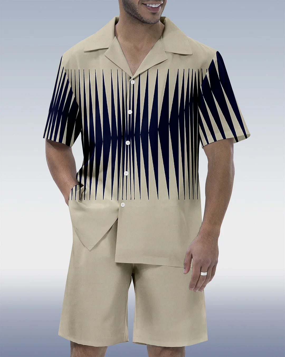 Men's Colorblock Geometric Hawaiian Cuban Collar Short Sleeve Shirt Set 164