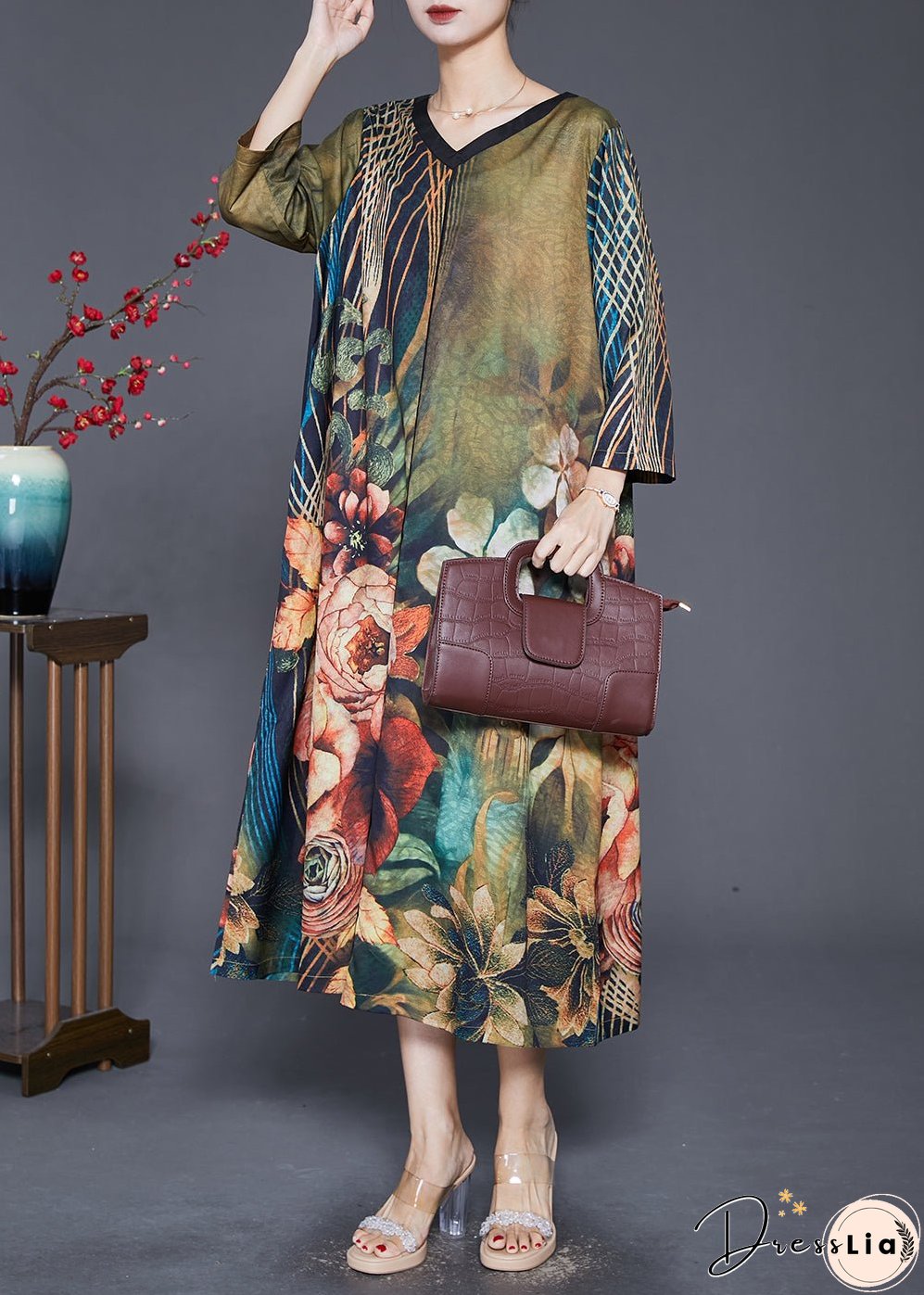 Women Green V Neck Print Silk A Line Dresses Bracelet Sleeve