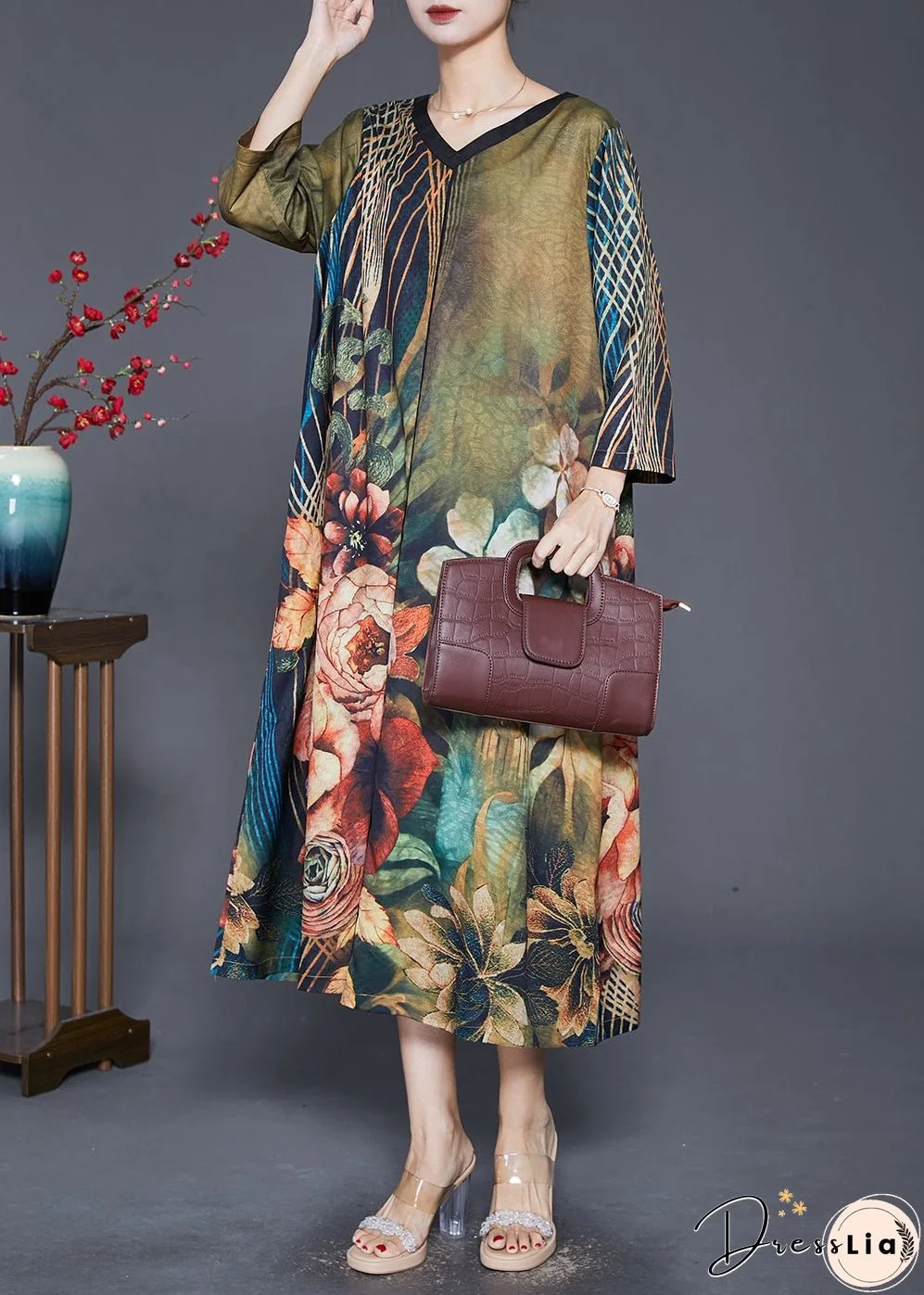 Women Green V Neck Print Silk A Line Dresses Bracelet Sleeve