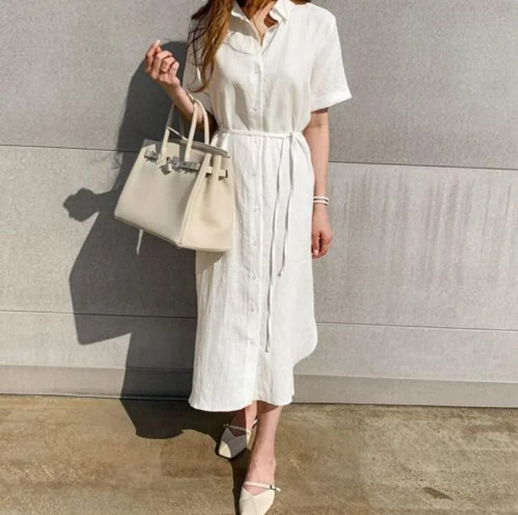 Women's Linen Dress Minimalist Style Lapel Single-Breasted Shirt Dresses