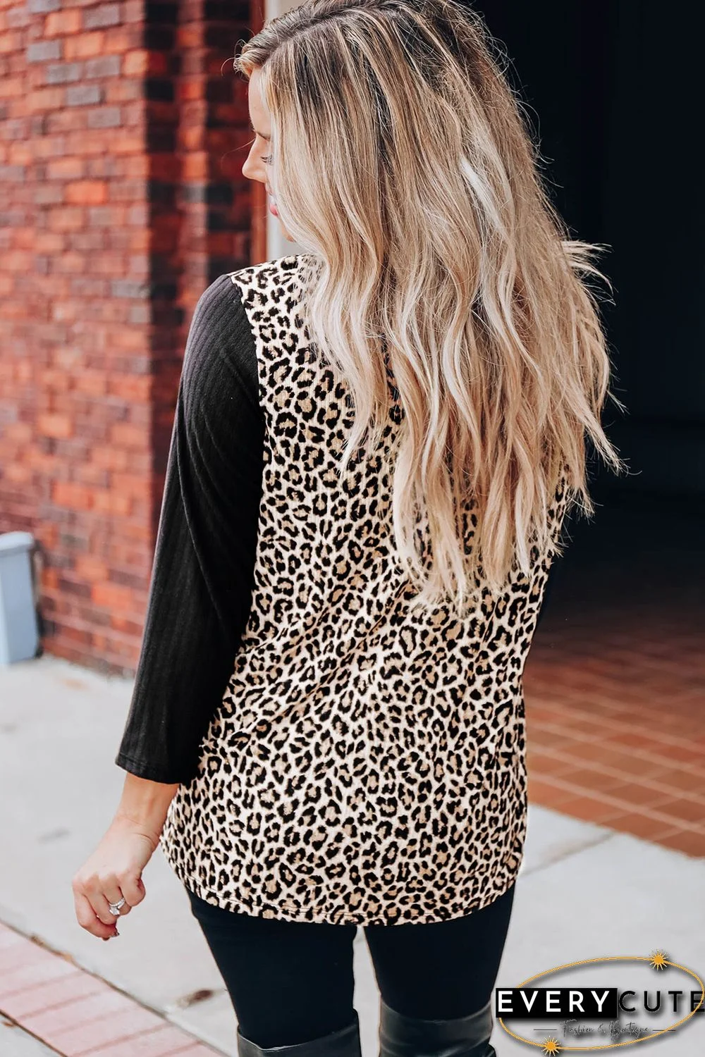 Leopard Choker Crisscross Contrast 3/4 Sleeve Leopard Print Top