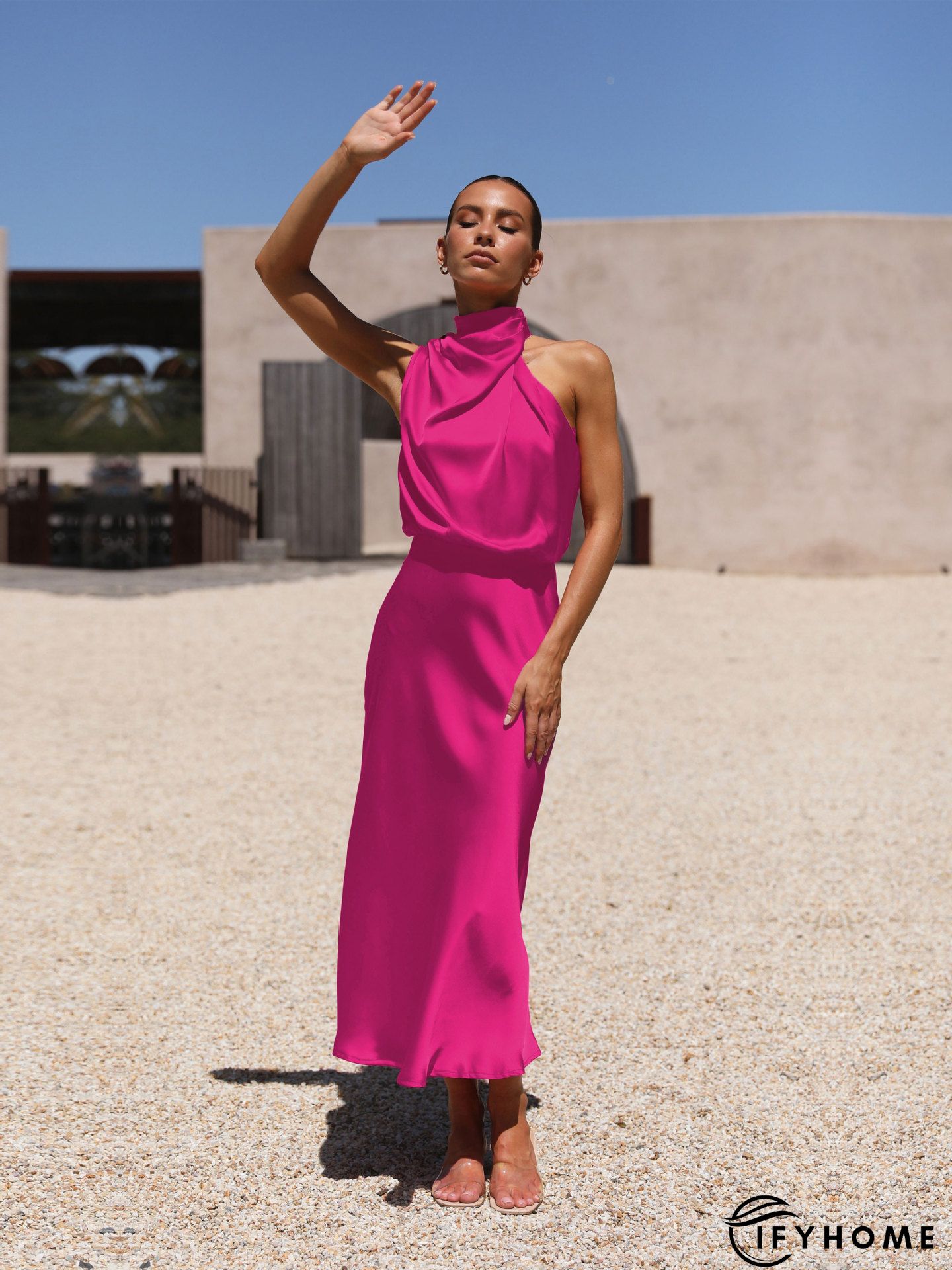 Solid Color Crew Neck Sleeveless Belted Midi Dress | IFYHOME