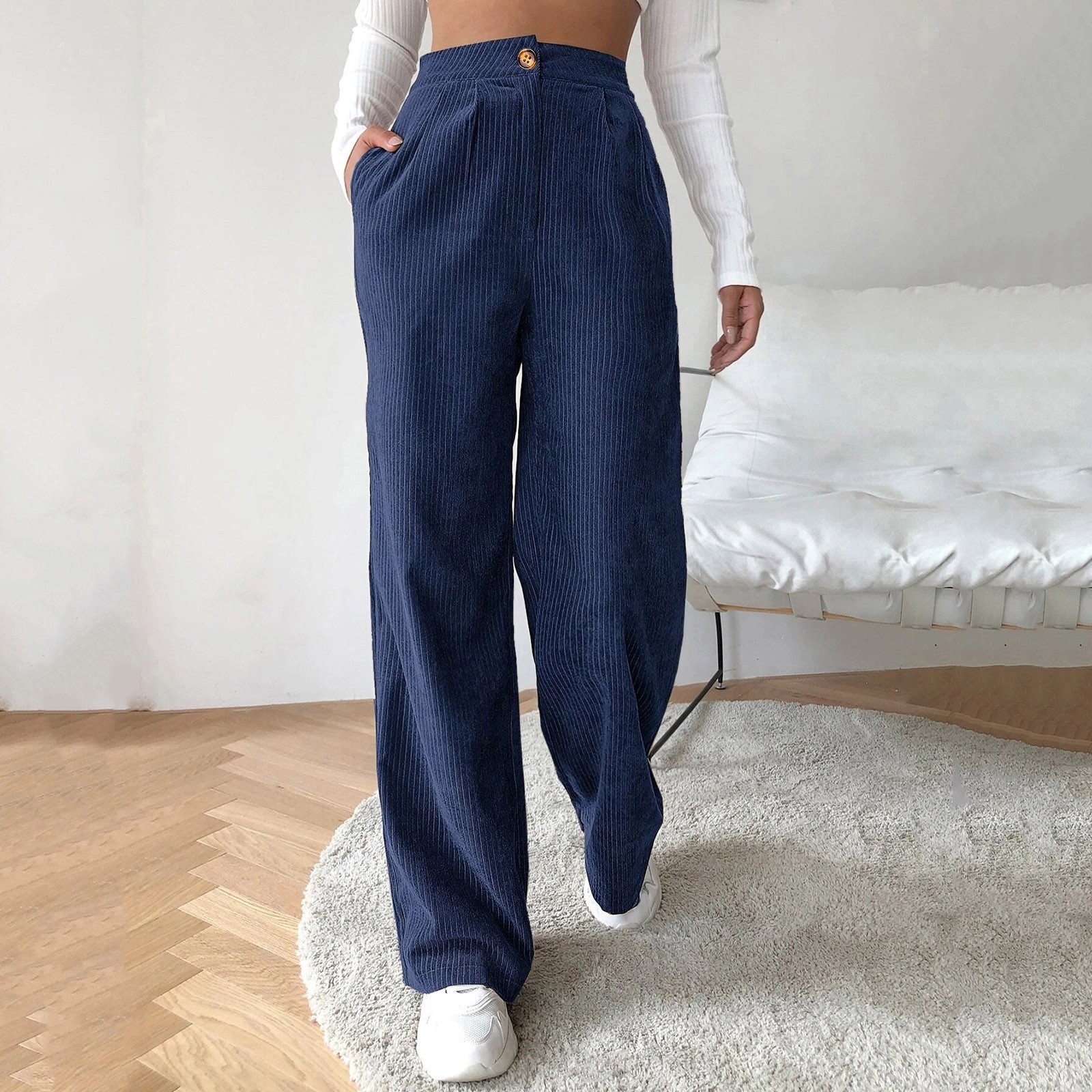 Smartcraftluck Spring Fall Baggy Corduroy Wide Leg Pants Women High Waist Vintage Casual Pantalones Ladies Loose New Trousers Pants