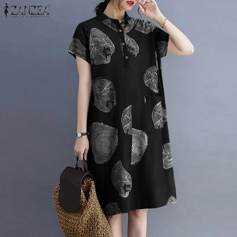 Vintage Printed Dress ZANZEA Women 2022 Summer Short Sleeve Lapel Neck Dress Vestidos Casual Loose Holiday Buttons Robe Oversize