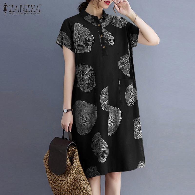 Vintage Printed Dress ZANZEA Women 2022 Summer Short Sleeve Lapel Neck Dress Vestidos Casual Loose Holiday Buttons Robe Oversize
