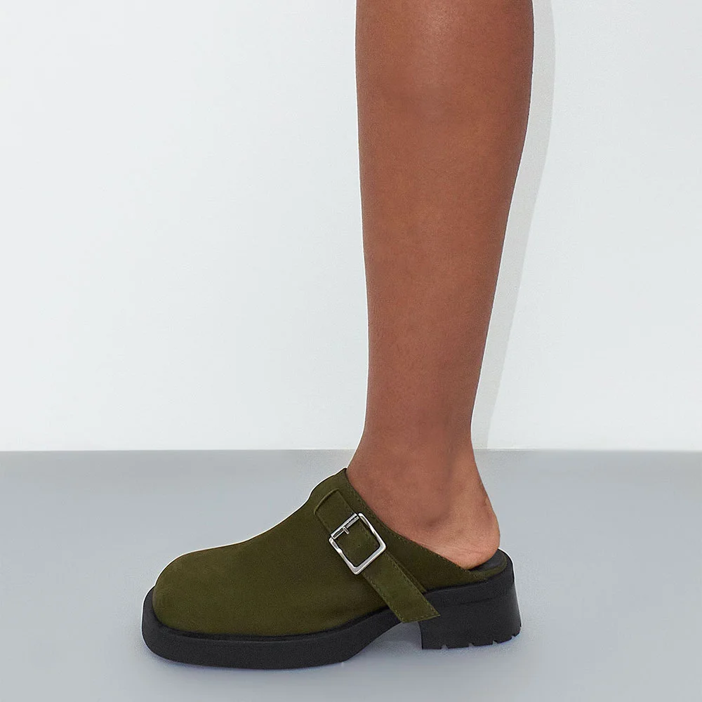 Casual Olive Square Toe Buckled Clogs Block Heeled Mules for Women