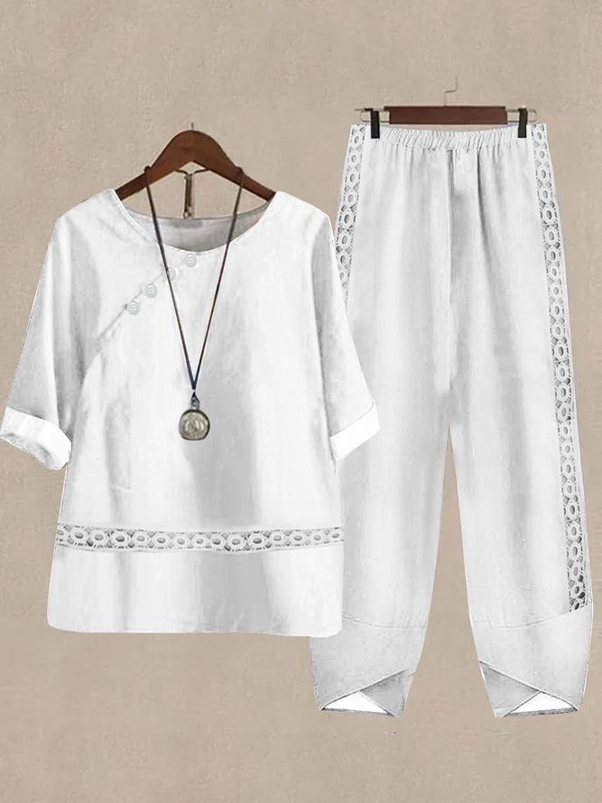 Women Casual Plain Suits Hollow Out Lace Button Short Sleeve Shirt and Trousers Pants Two-Piece Sets