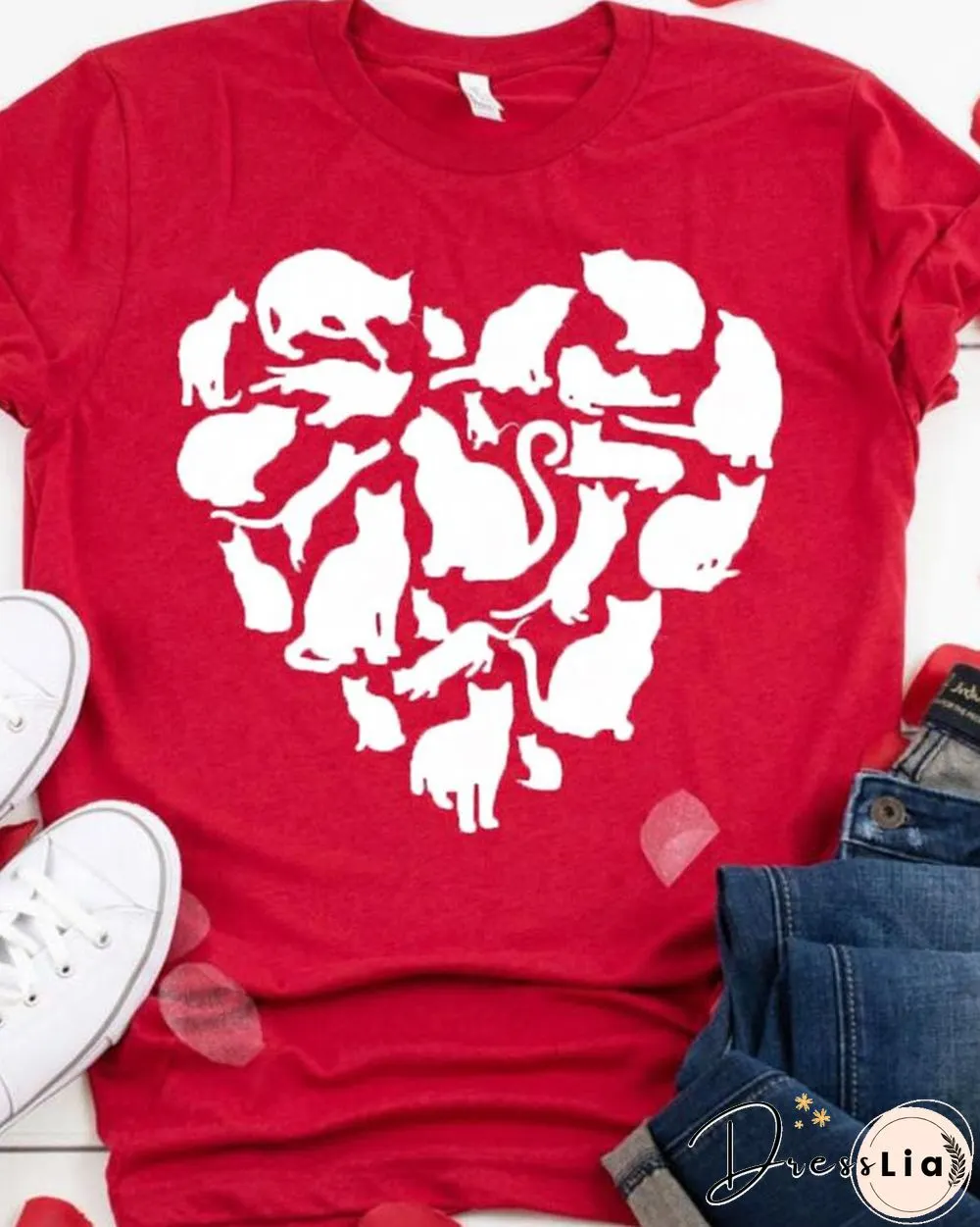Valentines Day Heart Cat Print T-shirt P16157