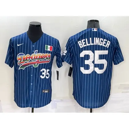 Men's Los Angeles Dodgers #35 Cody Bellinger Navy Mexico Rainbow Cool Base Stitched Baseball Jersey 20CL
