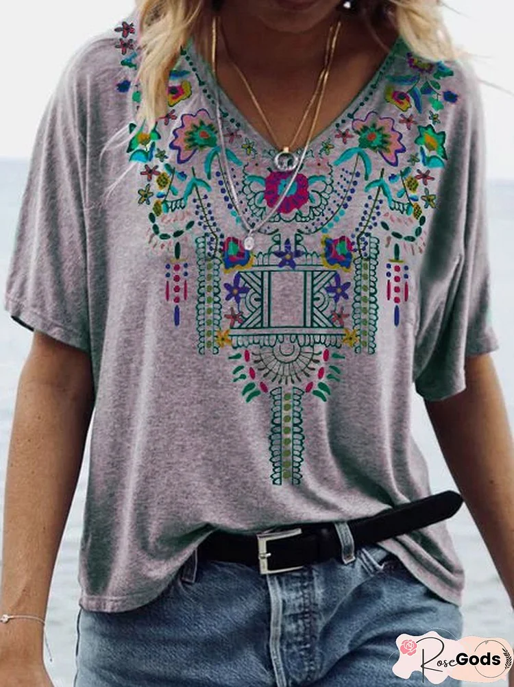 Plus Size Printed V Neck Boho Blouse