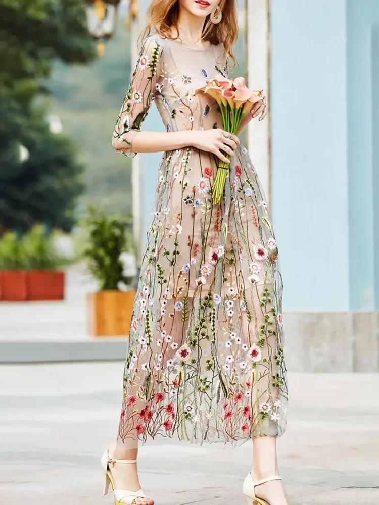 Apricot 3 4 Sleeve Vintage Embroidered Maxi Dress P116794