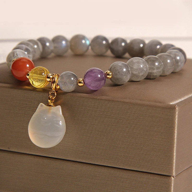 Natural Moonstone Blessing Cat Charm Bracelet