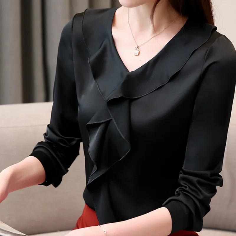Fashion Womens Tops And Blouses Solid Chiffon Blouse Shirt V Collar Office Blouse Women Long Sleeve Women Shirts A913