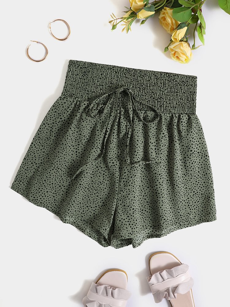 Polka Dot Shirred Drawstring Waist Shorts - Shop Trendy Women's Clothing | LoverChic