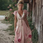 Vintage Boho Pink Rose Embroidery Art Flowy Linen Maxi Dress - Image 2