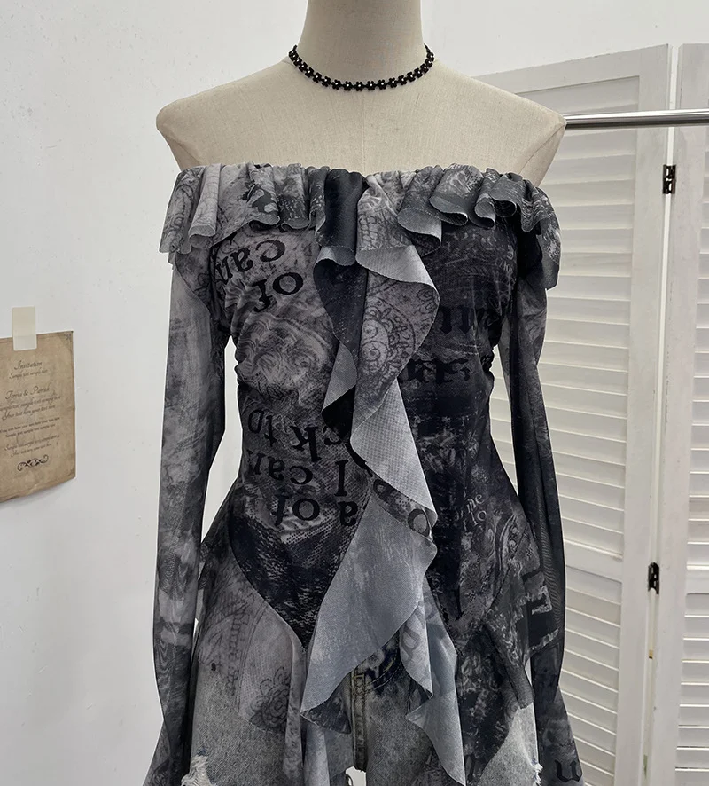 Nigikala Nigikala Shooting Retro Shoulder Tie-Dye Net Horn Long-Sleeved T-Shirt Irregular Lotus Leaf Side Ribbon Y2k Top 8012