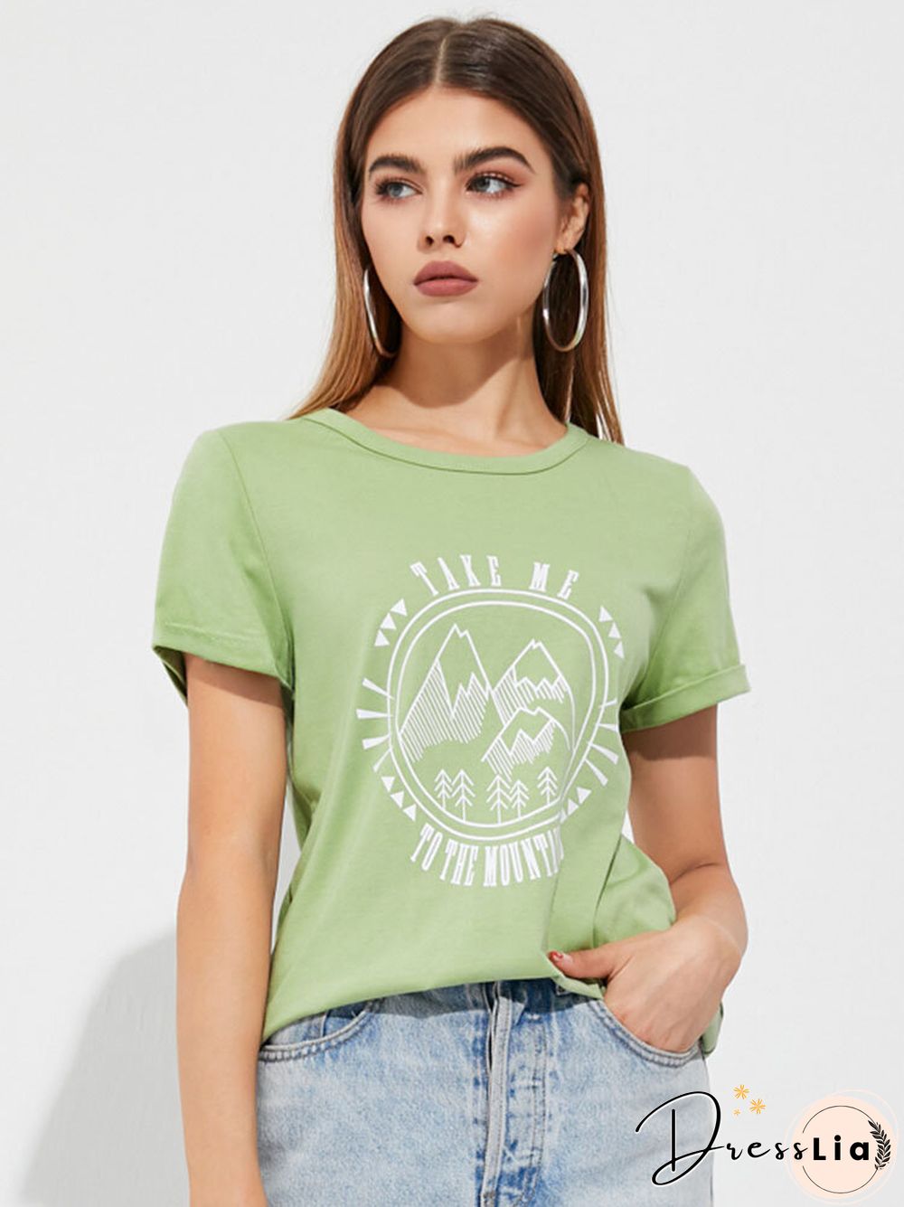 Stick Figure Landscape Print Crew Neck Short Sleeve T-shirt