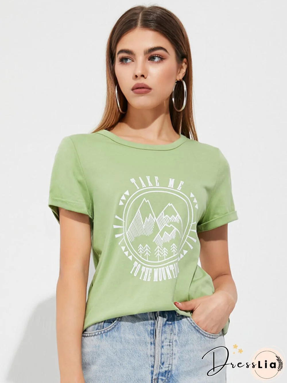 Stick Figure Landscape Print Crew Neck Short Sleeve T-shirt