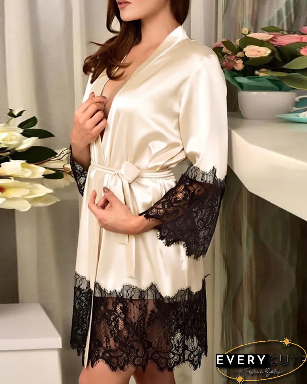 Eyelet Lace Patch Satin Long Sleeve Robe